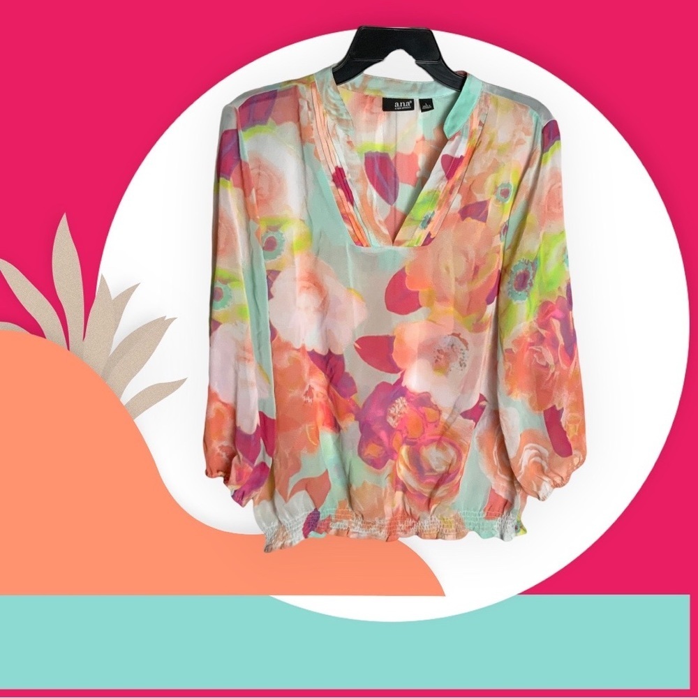 A.N.A. Sheer Multicolored Large Floral Pattern Blouse Wm L